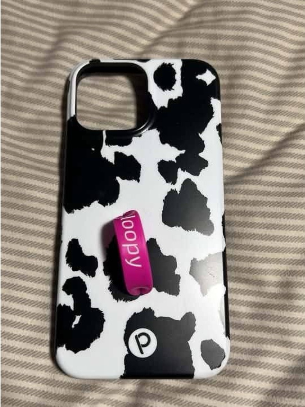 Loopy Case Black & White Cow Print Phone Case with Pink Loopy Ring